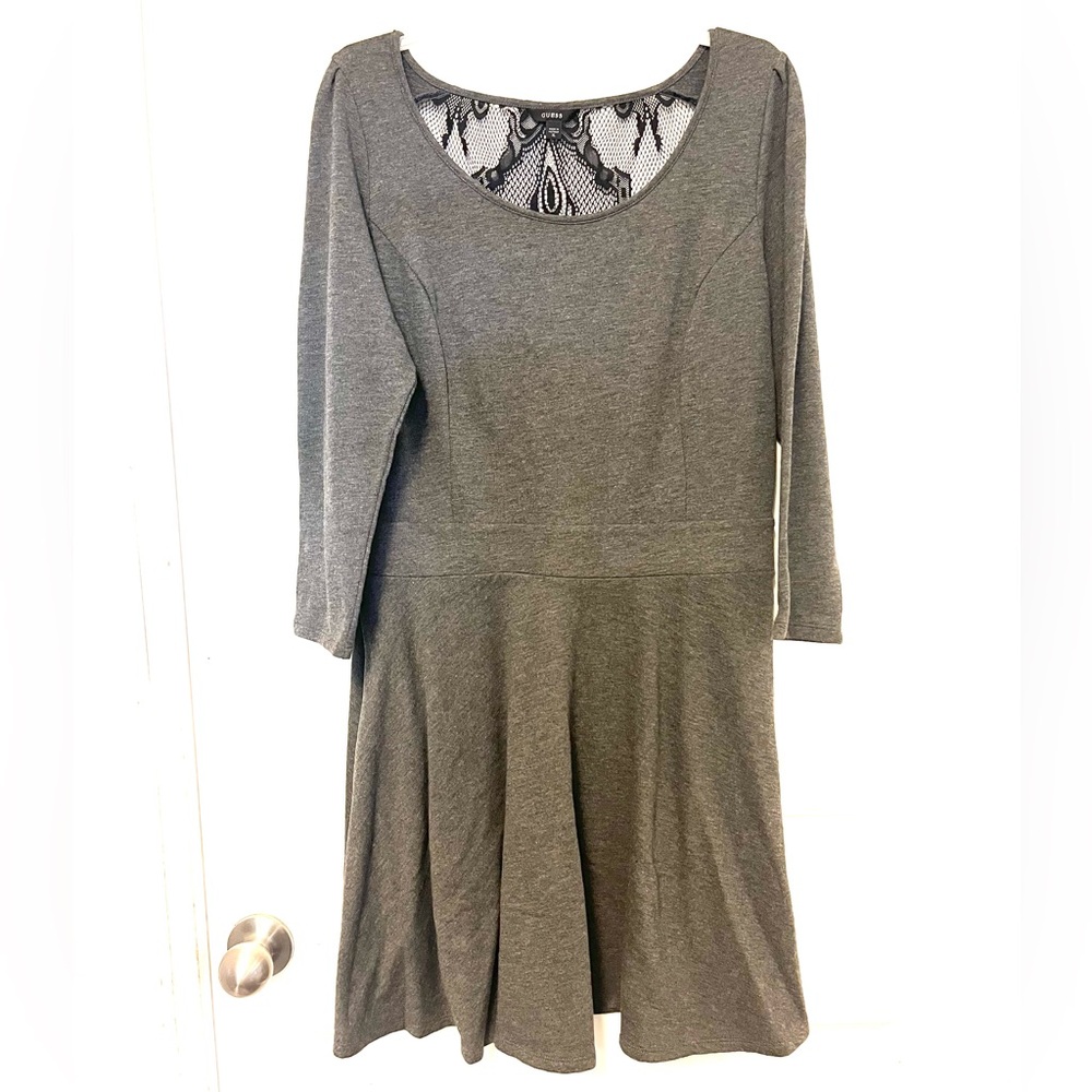 Guess Dress Charcoal Gray 3/4 Sleeve French Terry Lace Back